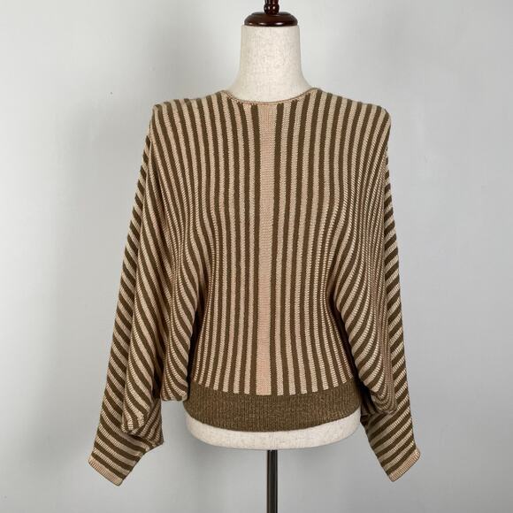 Vintage Sweaters - 90s Vintage Epin Hand Loomed Sweater Womens S Brown Striped Wide Dolman Sleeves